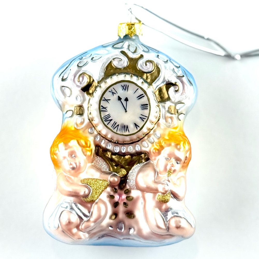 Whitehurst Vintage Blown Glass Ornate Clock Form Ornament with Cherubs